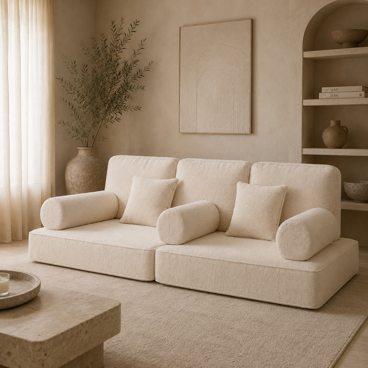 A cream modular floor sofa in a plastered, arched living room.